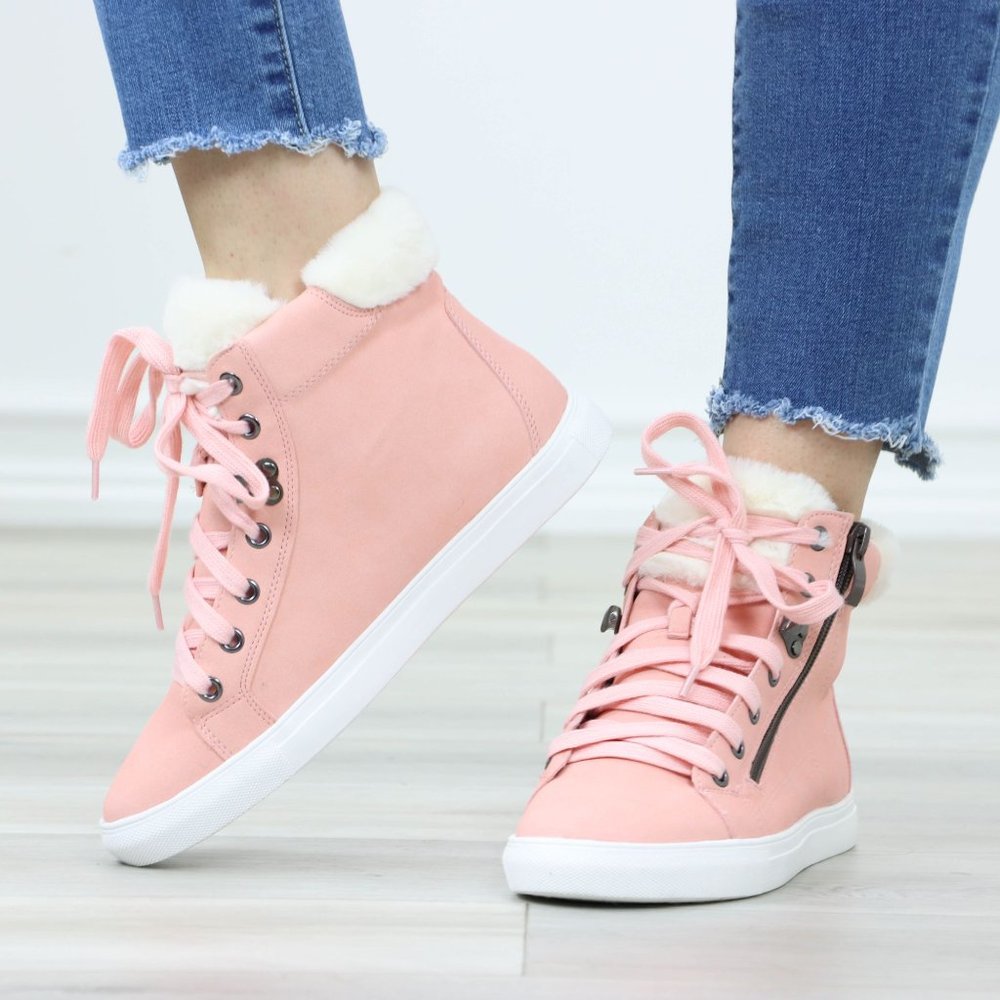 Pink Fashion High Tops Sneakers Shoes Fuzzy Ankle - Picture 10 of 11